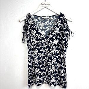Adrienne Vittadini Studio Mini Dress V Neck Floral Tie Sleeve Black/Blue White S